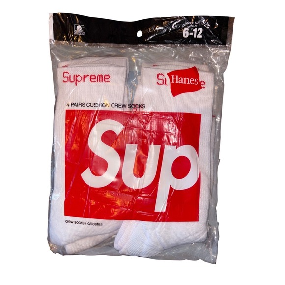 Supreme X Hanes White Crew Socks 4 Pairs 8 Socks Cushion Size 6-12 Authentic New - Picture 5 of 6